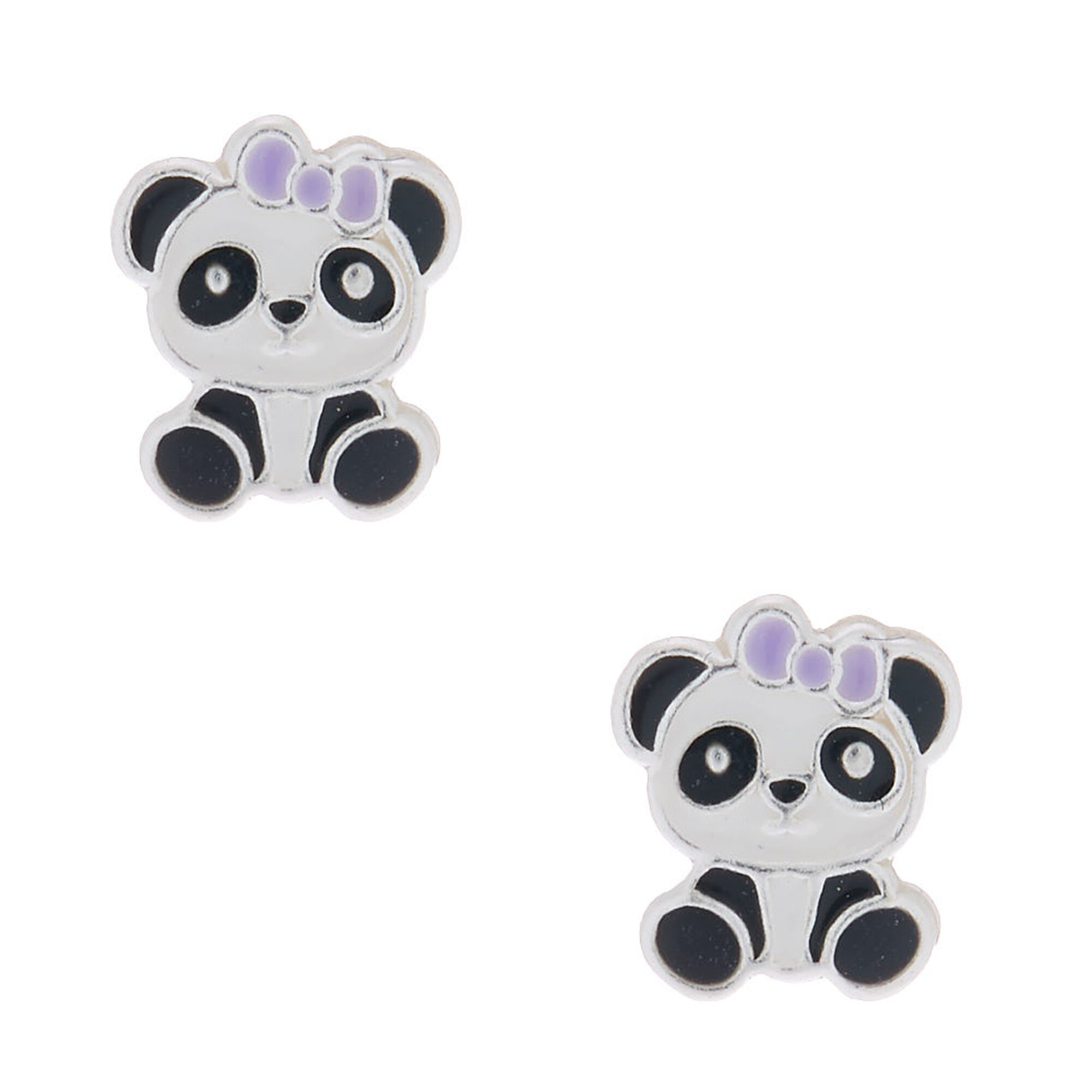 925 Sterling Silver Panda Purple Ribbon Kids Girls Women Stud Earrings Jewellery